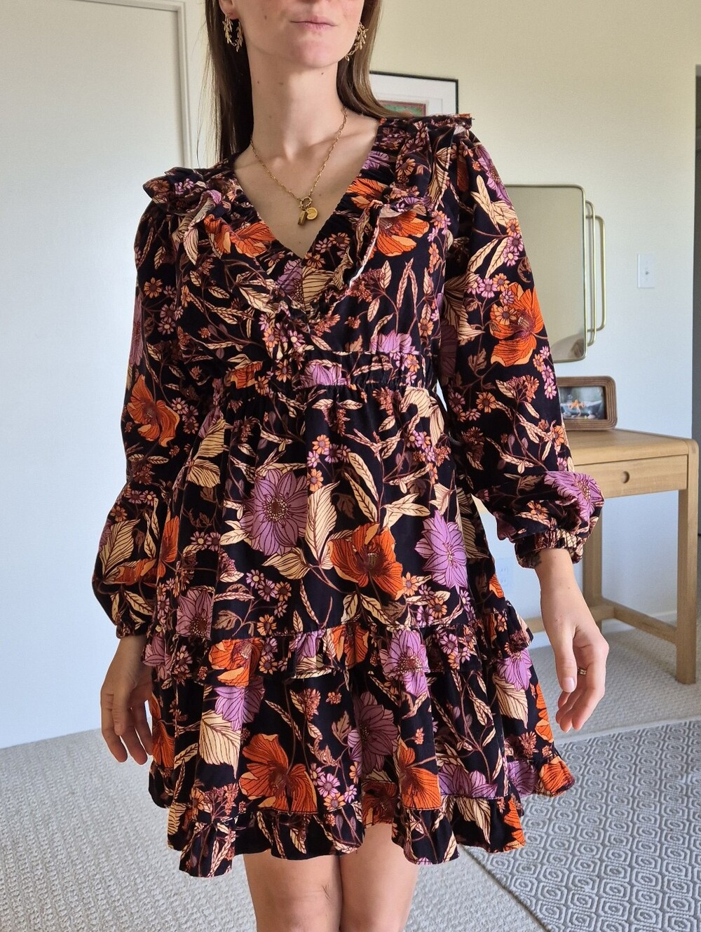 Pilcro Anthro Cord Floral Tiered V-Neck Mini Dress